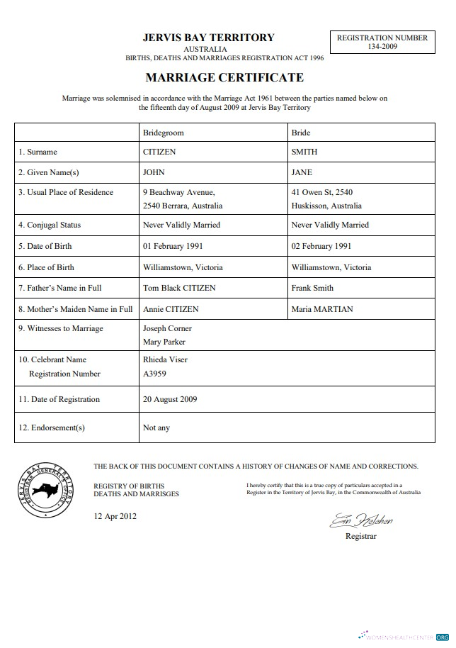 Download Australia Jervis Bay Territory marriage certificate template in Word Photoshop template